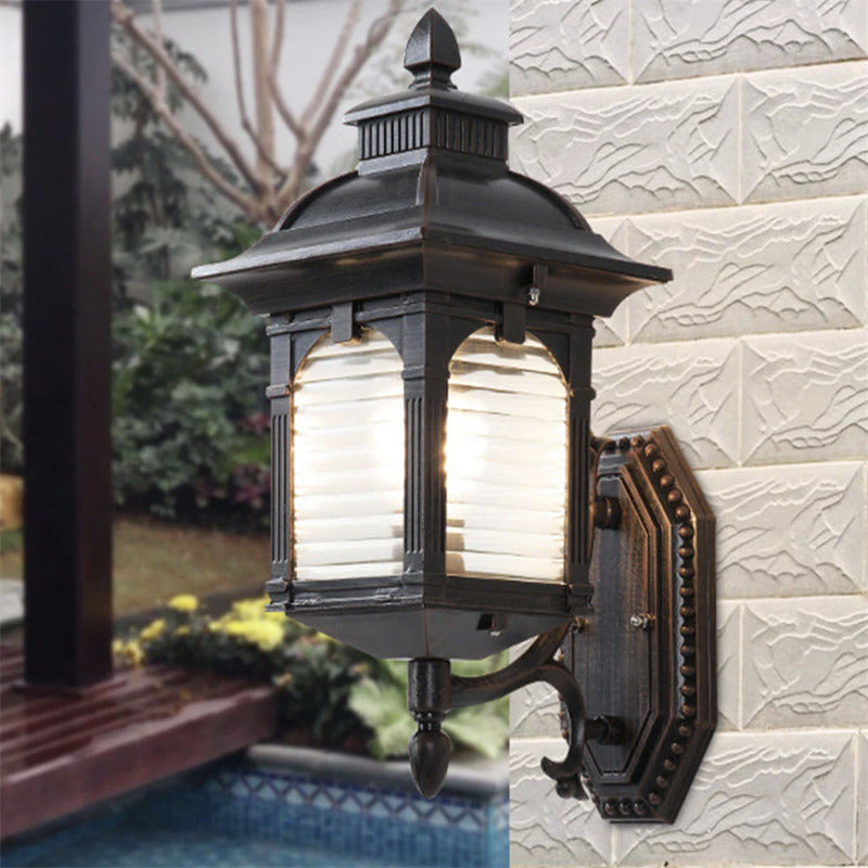 Coffee-Colored Vintage Lantern Outdoor Wall Lamp with Glass Panels