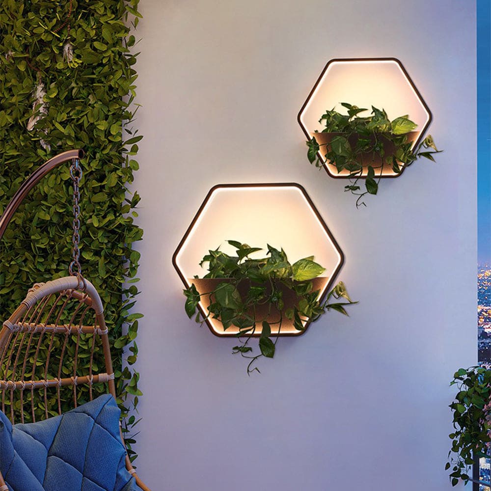 Minimalist Hexagonal Metal Outdoor Wall Lamp with Built-in Shelf