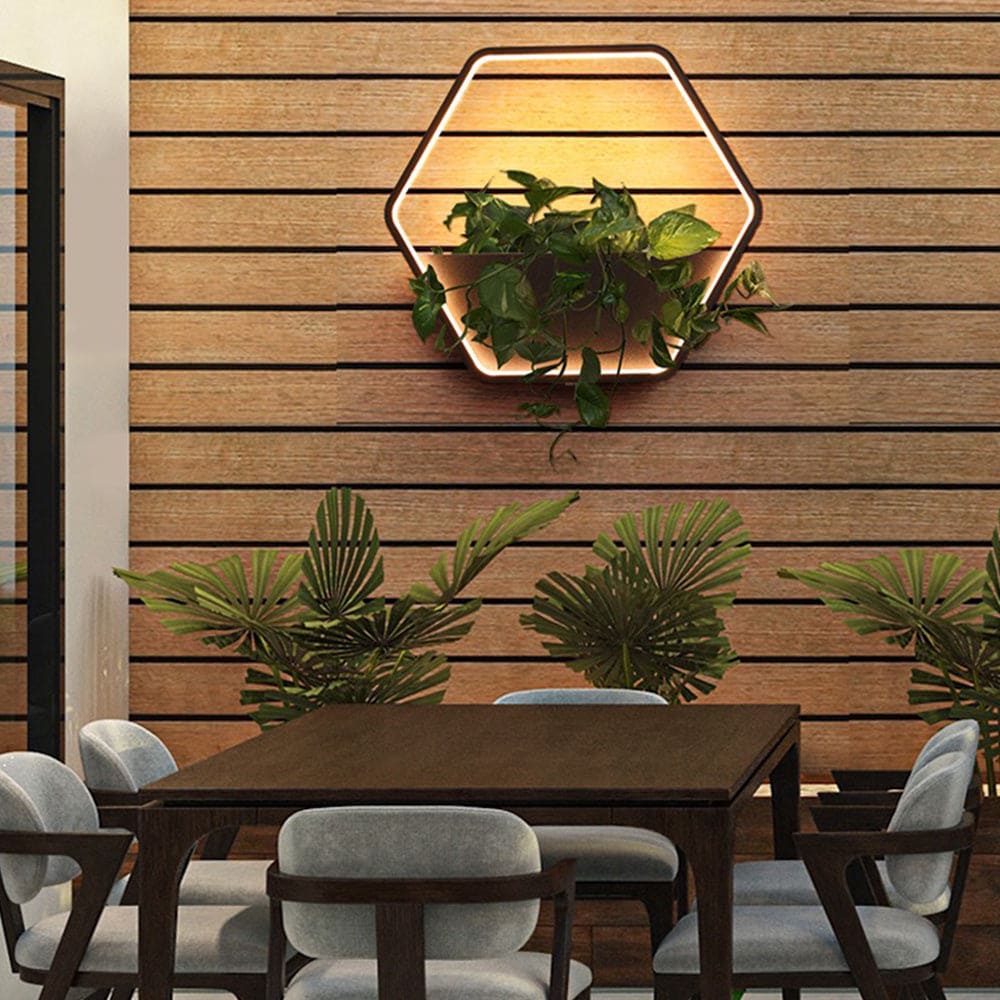 Minimalist Hexagonal Metal Outdoor Wall Lamp with Built-in Shelf