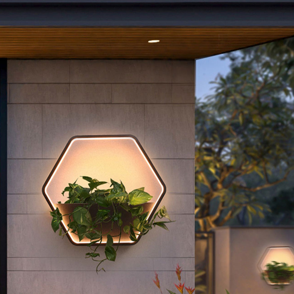 Minimalist Hexagonal Metal Outdoor Wall Lamp with Built-in Shelf