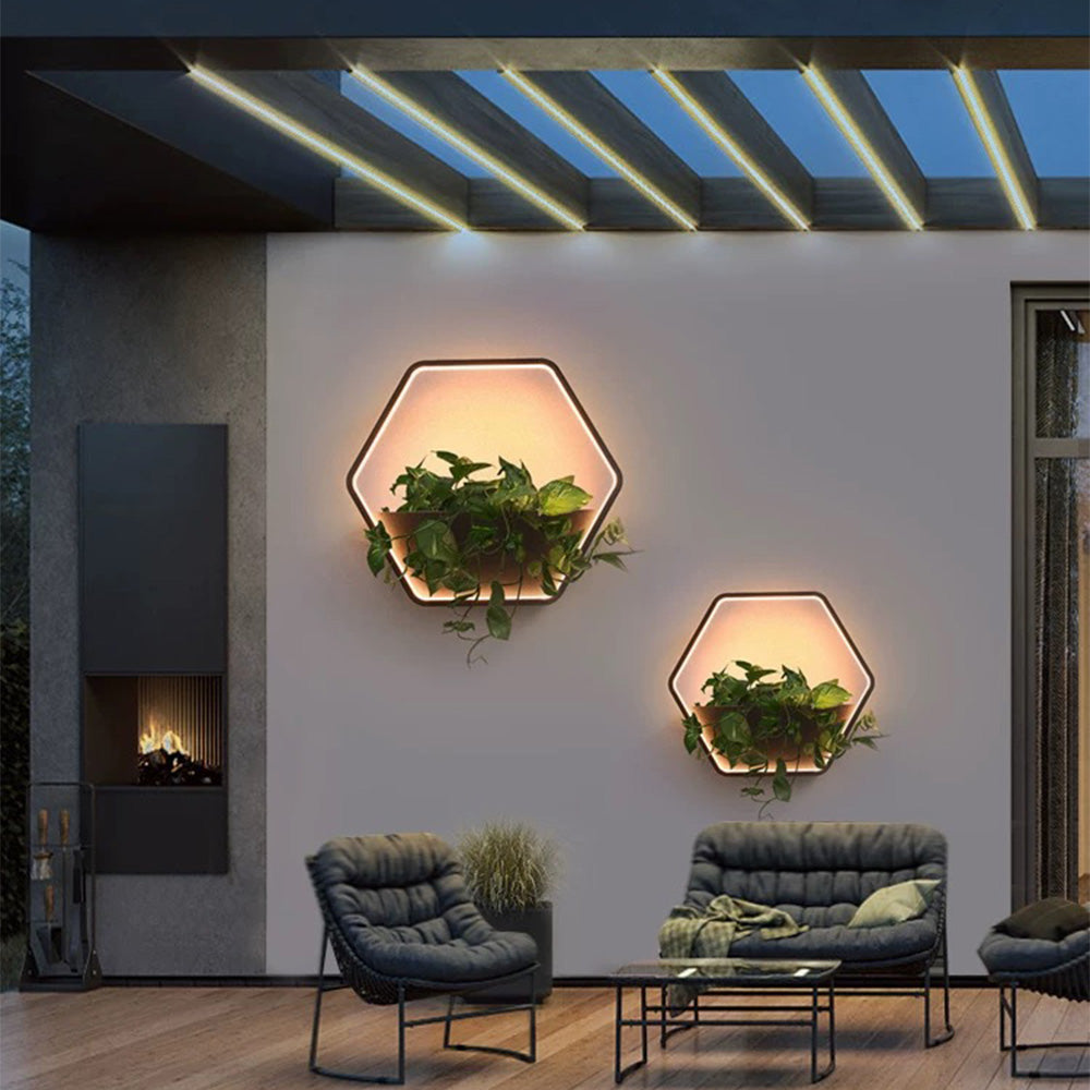 Minimalist Hexagonal Metal Outdoor Wall Lamp with Built-in Shelf