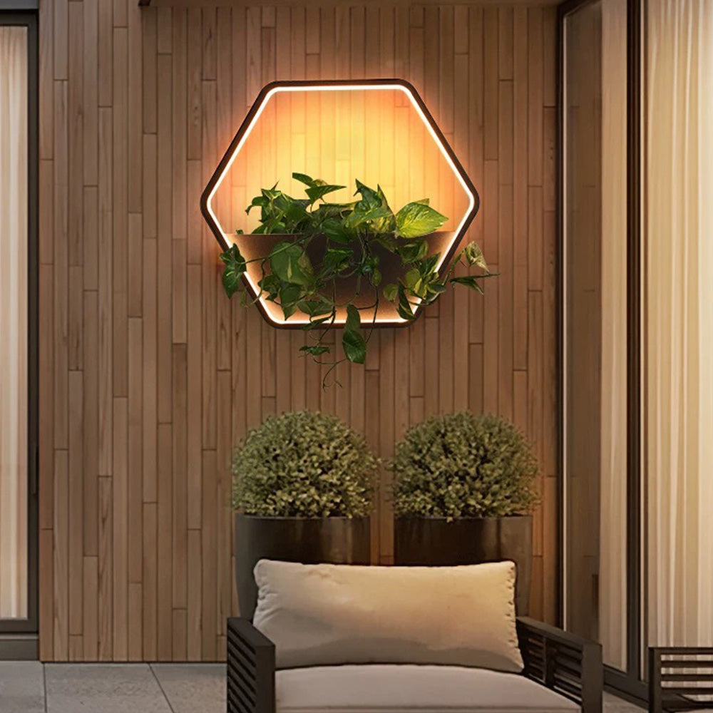 Minimalist Hexagonal Metal Outdoor Wall Lamp with Built-in Shelf