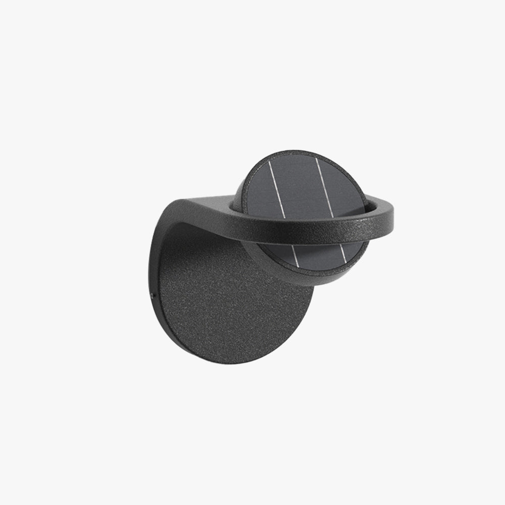Modern arc outdoor wall lamp with waterproof black metal frame and acrylic shade. Available in solar or hardwired options, perfect for gardens, patios, and staircases. Contemporary design for outdoor lighting.

