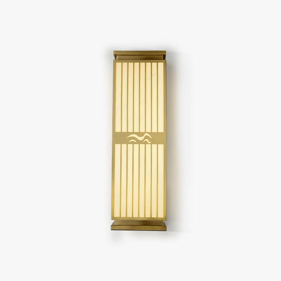 Modern gold outdoor wall lamp with a sleek rectangular design, waterproof metal frame, and LED lighting. Ideal for gardens, patios, and porches.

