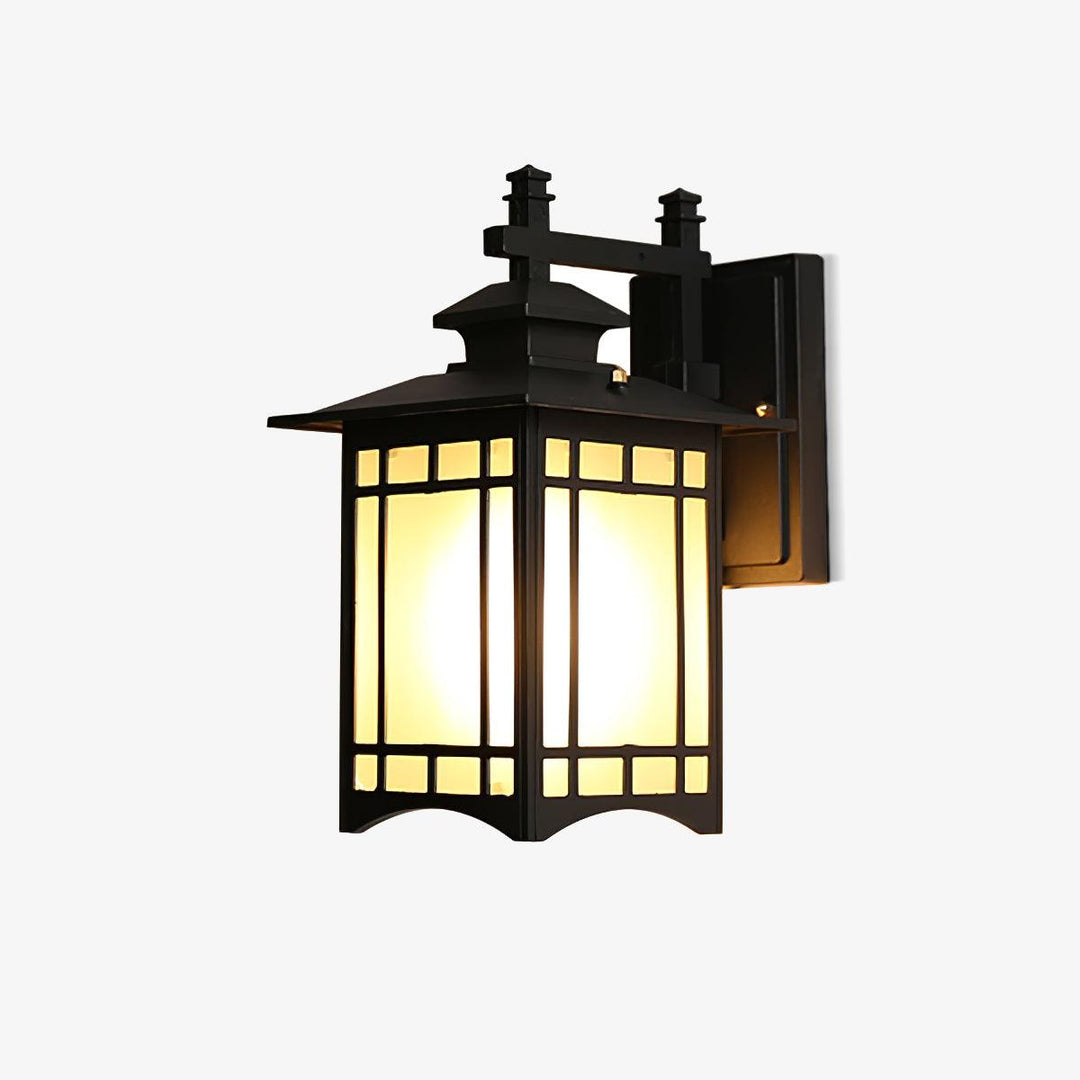 Modern outdoor lantern wall light available in black & white or bronze & white finishes. Features durable metal and frosted glass construction, ideal for porches, gardens, and entrances.

