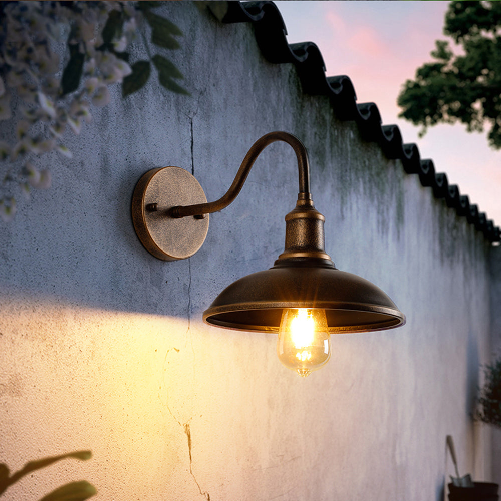 Rustic Bowl-Shaped Outdoor Wall Lamp – Antique Brass, Waterproof Design