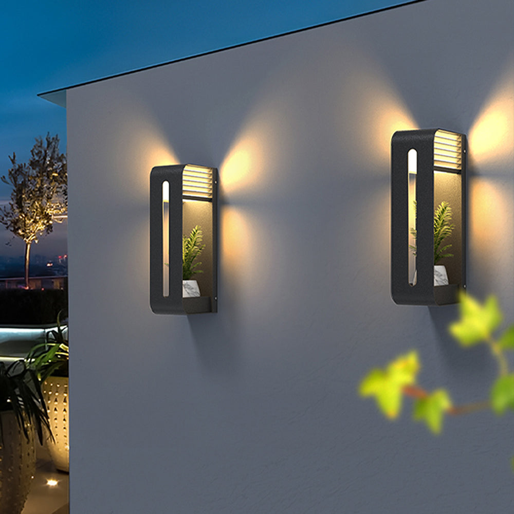 Modern Solar-Powered Rectangular LED Outdoor Wall Lamp with Plant Holder
