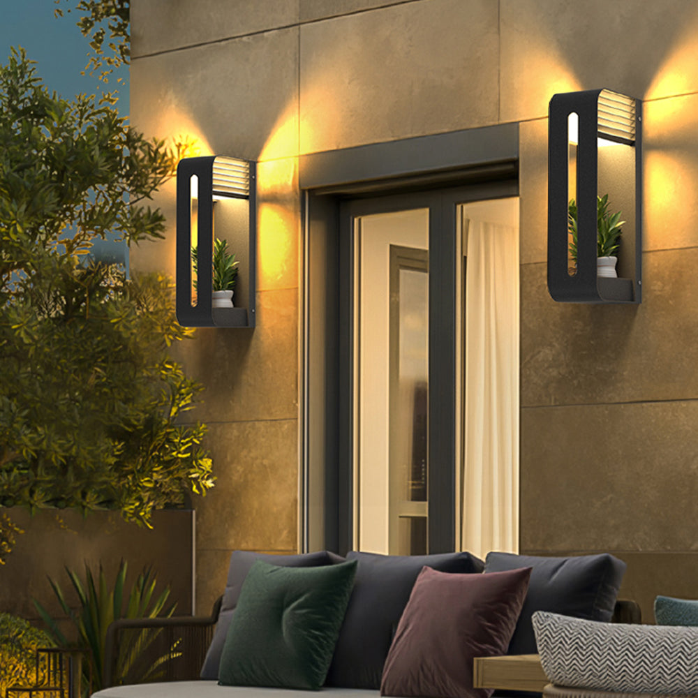 Modern Solar-Powered Rectangular LED Outdoor Wall Lamp with Plant Holder
