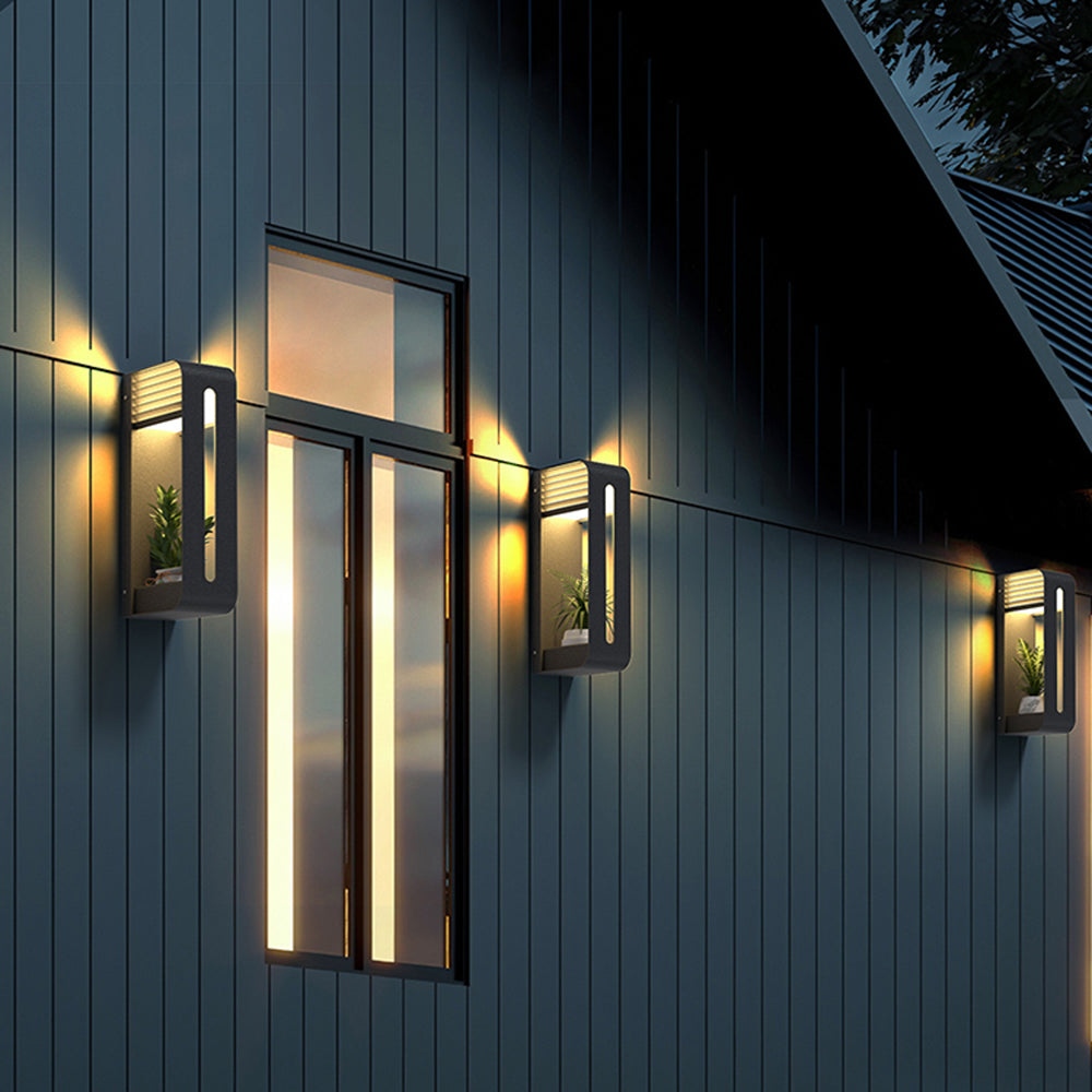 Modern Solar-Powered Rectangular LED Outdoor Wall Lamp with Plant Holder