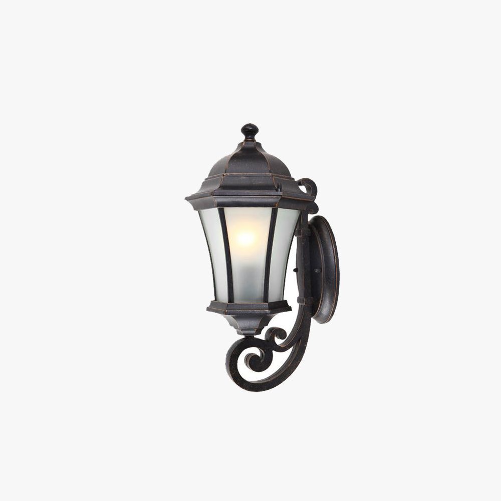 Vintage lantern-shaped outdoor wall lamp with durable metal frame and frosted glass, perfect for garden and courtyard decor.

