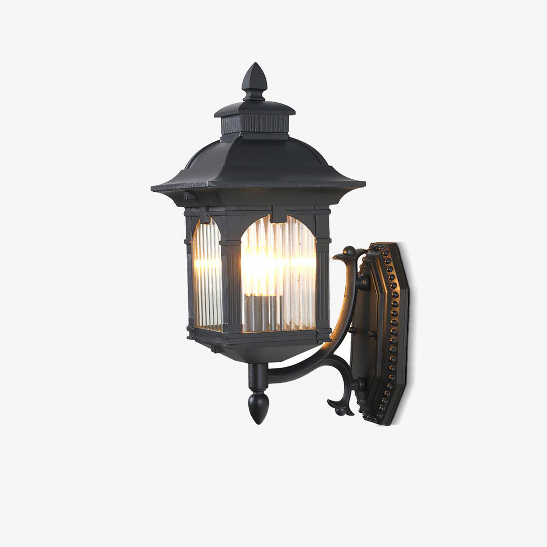 Vintage-style outdoor wall lantern with black metal frame and clear glass panels. IP65 waterproof, perfect for garden or porch lighting.

