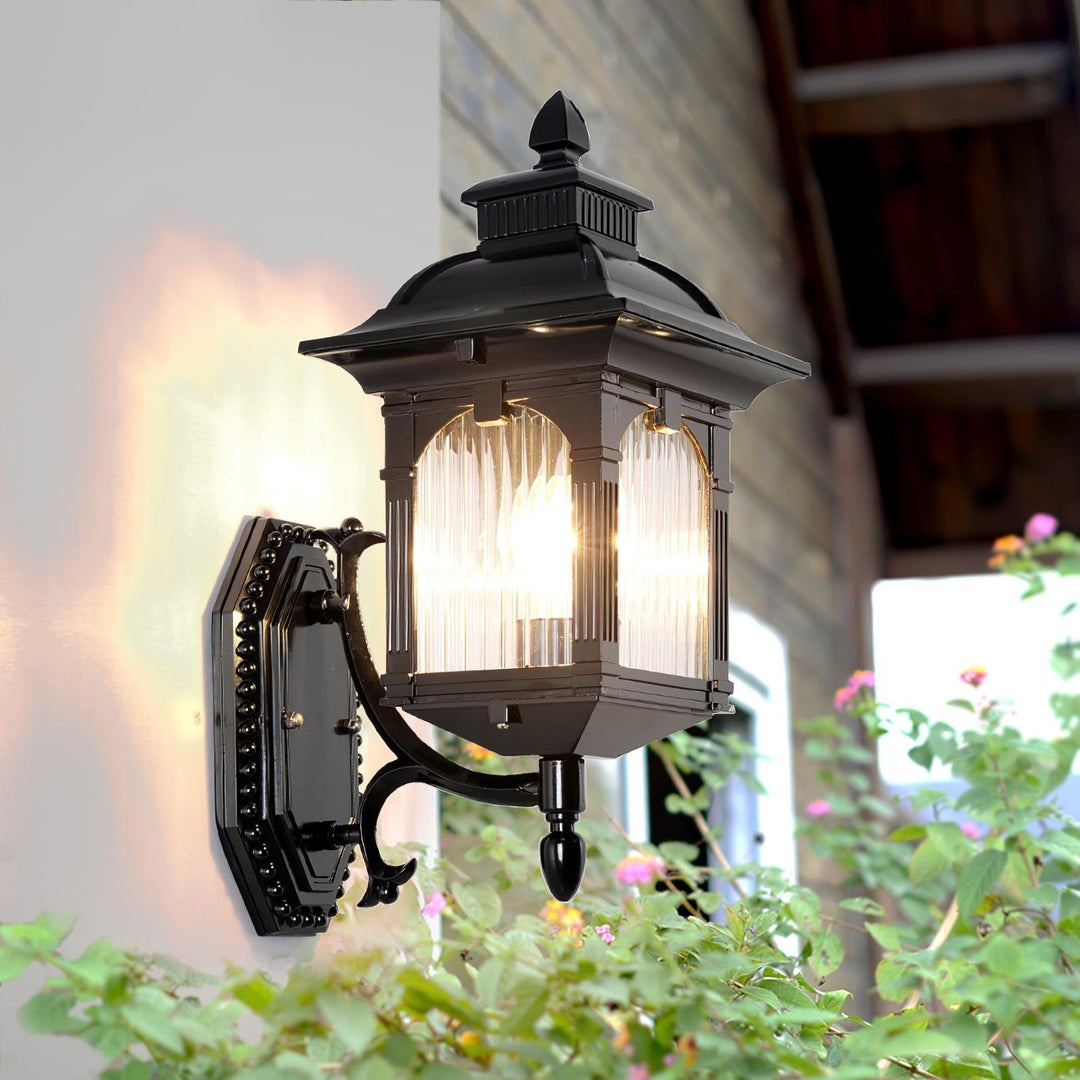 Vintage Style Outdoor Wall Lantern with Black Metal Frame and Glass Panels